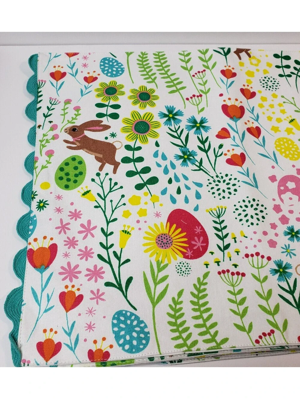 White Floral Easter Bunny Rabbit Placemats QTY 5 Cotton Teal Ric Rac Edges